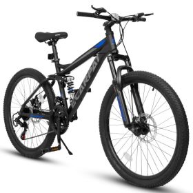 A2460 24 Inch Mountain Bike With Full Suspension, 21 Speed Shifter Lever With Gear Indicator, High Carbon Steel Frame, Mechanical Disc Brakes, Un (Option: BLACK)