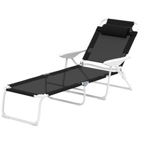 Folding Chaise Lounge, Outdoor Sun Tanning Chair, 4-Position Reclining Back, Armrests, Removable Pillow, Black (Option: BLACK)
